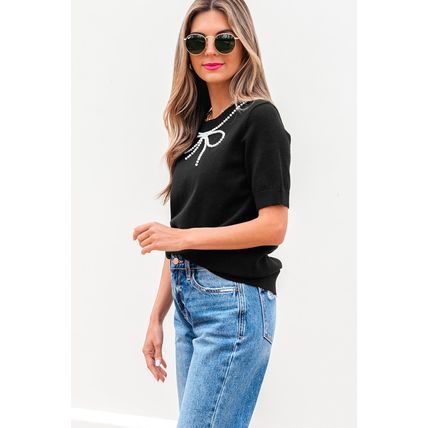 Black Pearl Bow Necklace Embellished Short Sleeve Knitted T Shirt