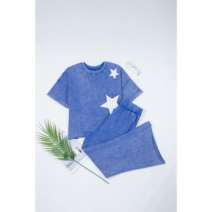 Ashleigh Blue Acid Wash Star Patched Rolled Trim Pants Set