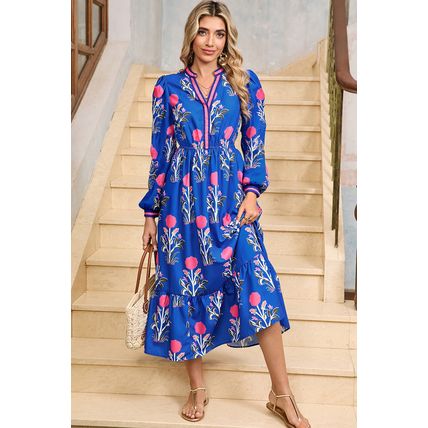 Blue Floral Print Striped Trim Split Neck Long Sleeve Ruffle Hem Midi Dress