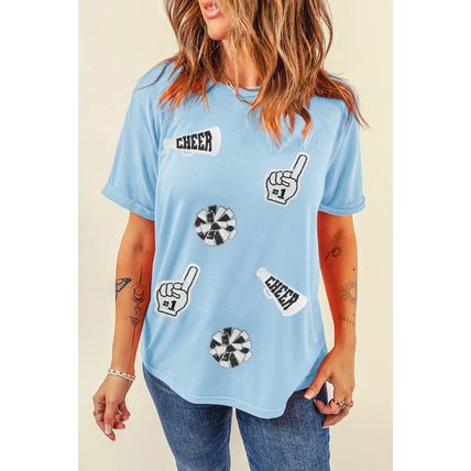 Light Blue Cheer Game Day Element Sequin Patched T Shirt