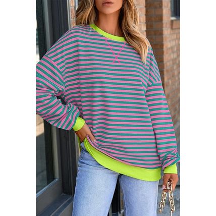 Rose Stripe Contrast Ribbed Trim Crossed Stitch Drop Shoulder Sweatshirt