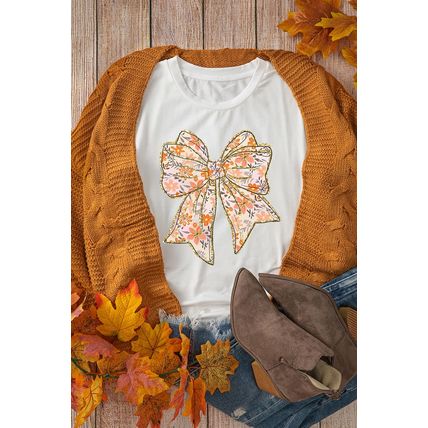 White Glitter Trim Floral Bow Print Cotton Blend T Shirt