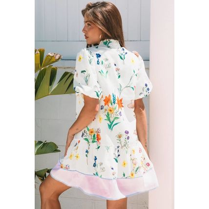 White Floral Print Contrast Striped Patchwork Short Puff Sleeve Dress