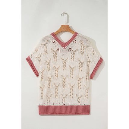 Delicacy Embroidered Flowers Colorblock Edge Hollowed Sweater