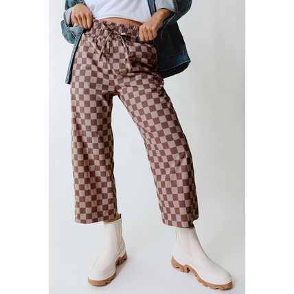 Khaki Checkered Elastic High Waist Loose Casual Pants
