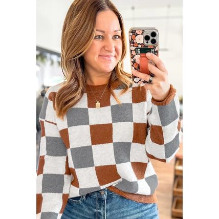 Brown Plus Size Checkered Crewneck Sweater