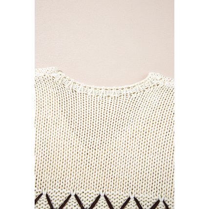 Parchment Contrast Stitch Detail V Neck Drop Shoulder Sweater