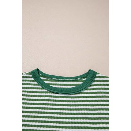 Green Stripe Thermal Knit Drop Shoulder Casual Top