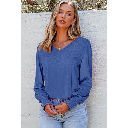 Sky Blue Shirred Shoulder Frilled Cuffs Long Sleeve Top