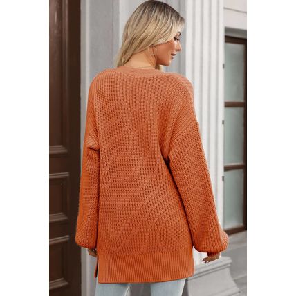 Gold Flame Button Front V Neck Chunky Cardigan Sweater