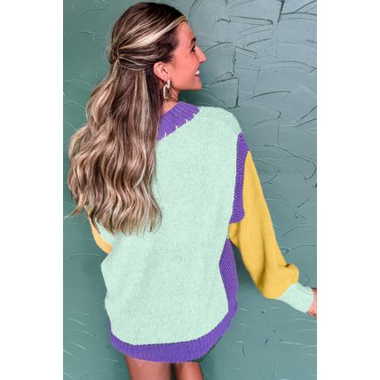 Green Stitched V Neck Color Block Knitted Drop Shoulder Sweater