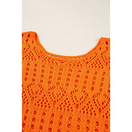 Carrot Solid Color Open Crochet Scallop Edge Sweater