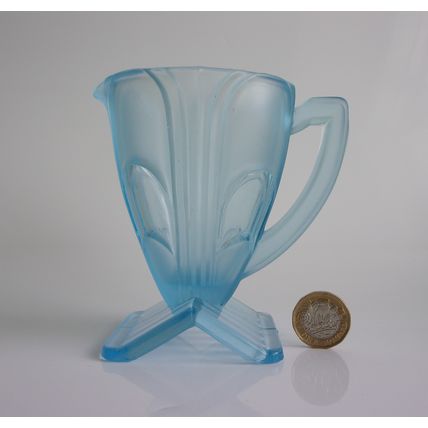 Art Deco Rosice Frosted Blue Glass Creamer With Clear Panels.