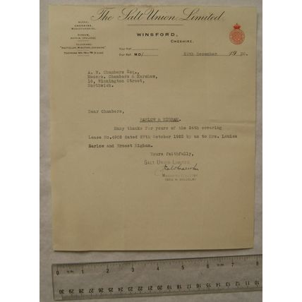 1931 letter & receipt The Salt Union, Winsford lease Louisa Barlow Ernst Higham
