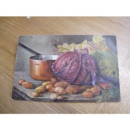 Raphael Tuck Oilette Postcard- Still Life / Vegetables & Pan, Artist Mary Golay