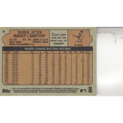 DEREK JETER 2013 AUTOGRAPHED NEW YORK YANKEES HOF WORLD CHAMPION SHORTSTOP CARD
