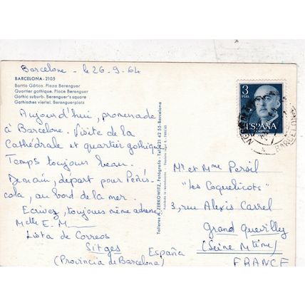 Barcelona Plaza Berenguer Spain Postcard posted 1964 VGC mark on scanner