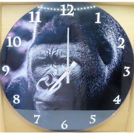 White Ararabic Numerals Wall Clock Glass Black Face with Gorilla Detail 29.5 CM