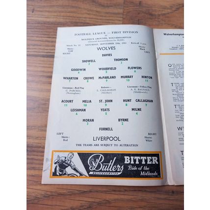 1962/63 Wolves vs Liverpool - Division 1, 29/9/1962 ** FREE P&P **