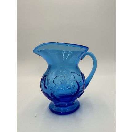 Electric Blue Pitcher Art Glass Hand Blown Floral Pressed Handled Decor Vintage