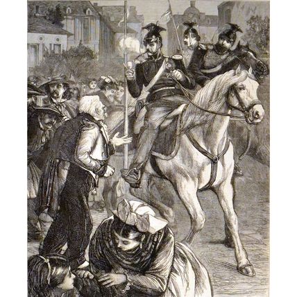 UHLANS ENTERING A FRENCH TOWN 1870 Polish light cavalry VICTORIAN ENGRAVING