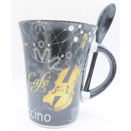 Cappuccino Mug with Spoon Ceramic with Violin Detail 11 CM Gift Home Decor