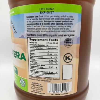 Lily Of The Desert Aloe Vera Juice Certified Organically Grown Whole Leaf