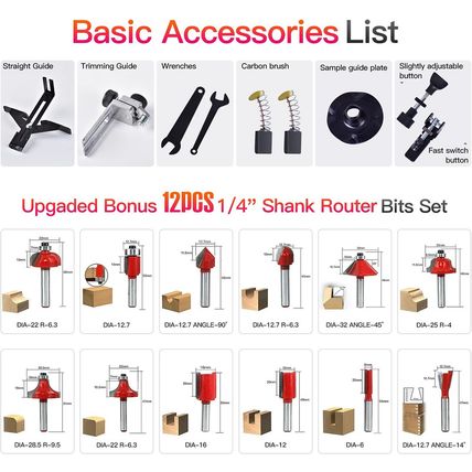 Compact Palm Router Tool, 800W Hand Wood Trimmer with 12PCS 1/4" Router Bits for