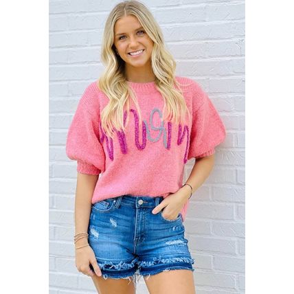 Bonbon Mom Tinsel Front Short Sleeve Sweater
