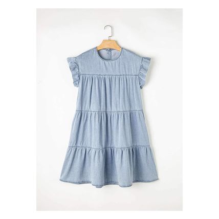 Beau Blue Ruffle Short Sleeve Tiered A-line Denim Dress