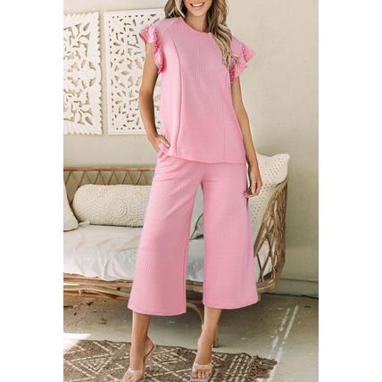 Pink Textured Pearled Ruffled Sleeve Wide Leg Pants Set