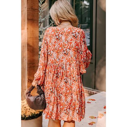 Orange Floral Print Split V Neck Bubble Sleeve Plus Size Midi Dress