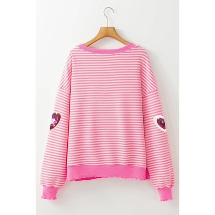 Pink Stripe Sequin Heart Patched Pattern Long Sleeve Valentines Top