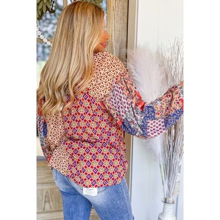 Orange Mixed Floral Printed Long Sleeve Tied V Neck Blouse