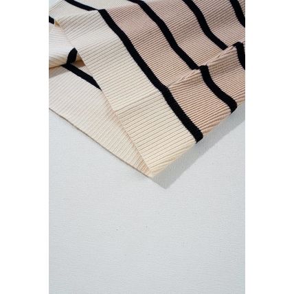 Khaki Stripe Color Block Quarter Zip Collar Short Sleeve Sweater Dress