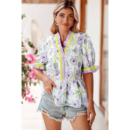 Purple Floral Print Striped Detail Split Neck Flounce Short Sleeve Peplum Blouse
