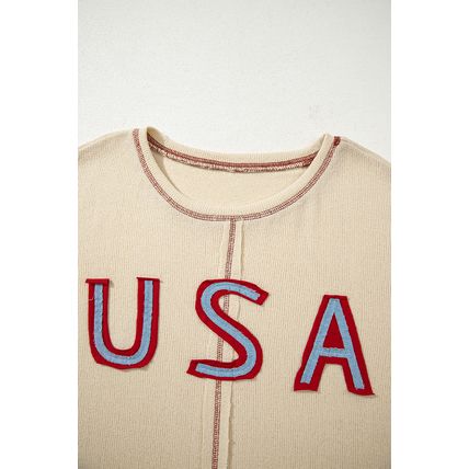 Beige USA Star Contrast Patchwork Exposed Seam Long Sleeve Top