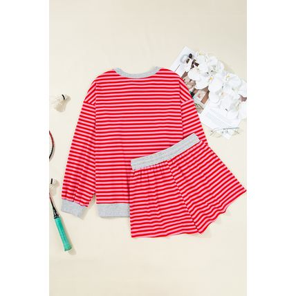 Red Stripe Drop Shoulder Baggy Pullover and Shorts Casual Set