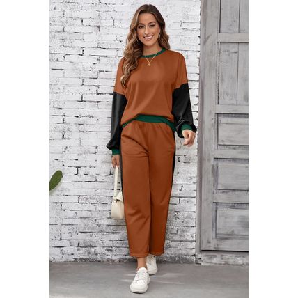 Chestnut 2pcs Color Block Pullover Loose Pant Set