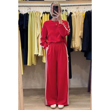 Fiery Red Varsity Striped Detail Crewneck Pullover Elastic Sweatpants 2pcs Outfi