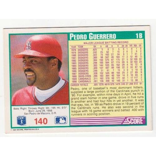 1991 Score Pedro Guerrero baseball card #140 – Cardinals