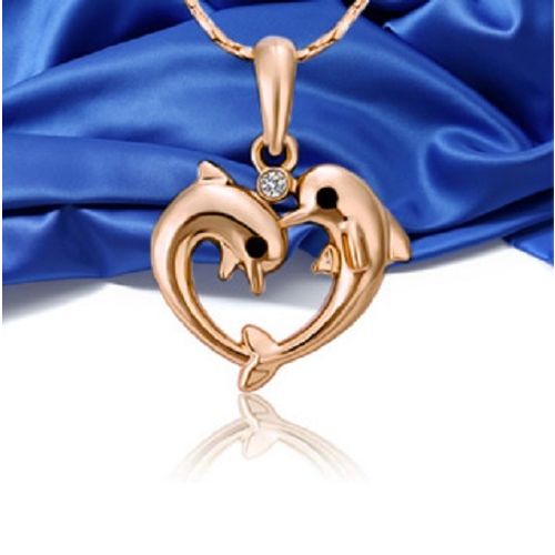18K Rose Gold Overlay Genuine Austrian Crystal Dolphin Heart Pendant w/18" Chain
