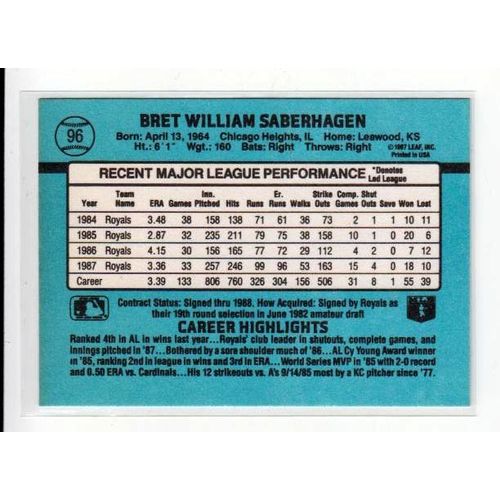 1988 Donruss Bret Saberhagen baseball card #96 – Royals