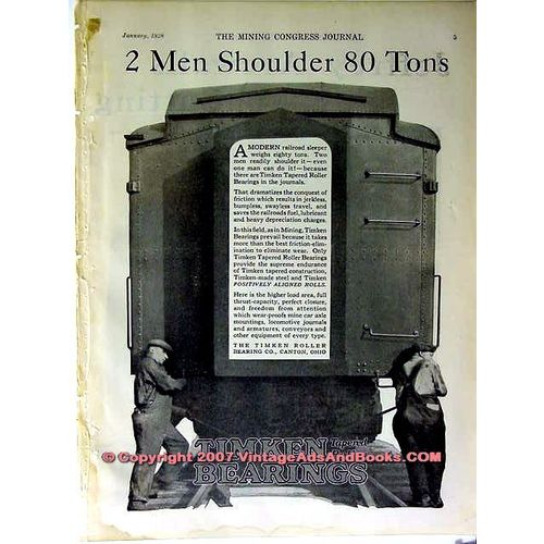 TIMKEN ROLLER BEARING COMPANY 1928 Two men shoulder 80 tons vintage ad