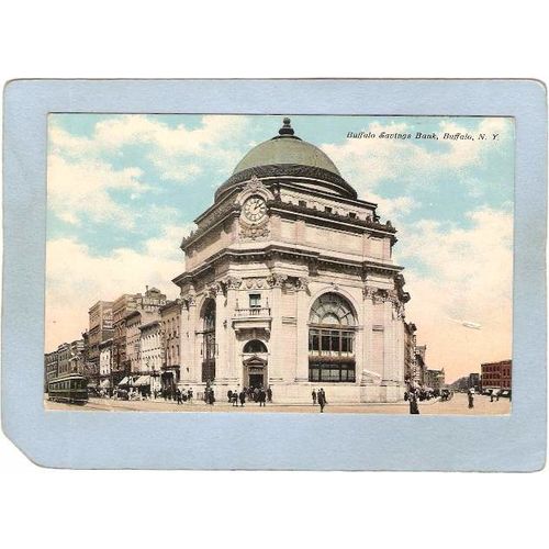 New York Buffalo Buffalo Savings Bank Street Scene Intersection w/Trolley ~2871