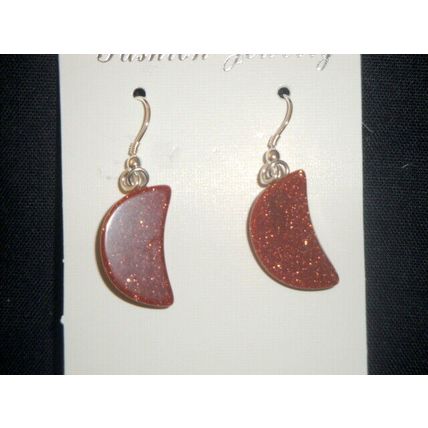 Sparkly red goldstone half moon style 925 sterling silver hook earrings