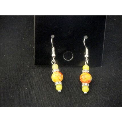 Delicate vibrant round red & yellow with clear rhinestone crystal glass earrings