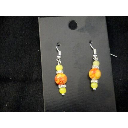 Delicate vibrant round red & yellow with clear rhinestone crystal glass earrings