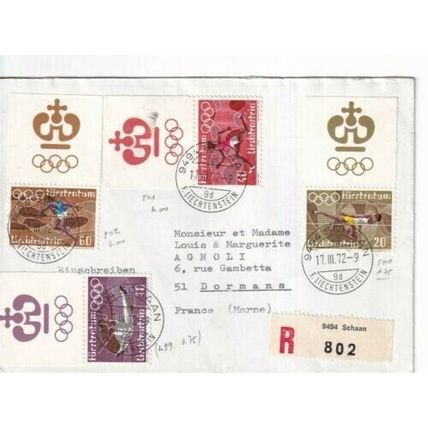 Liechtenstein 1972 Olympics With Tabs Registered cover Schaan cancel typed RARE