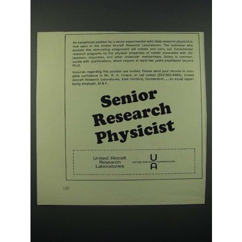 1966 United Aircraft Research Laboratories Ad - Senior Research Physicist